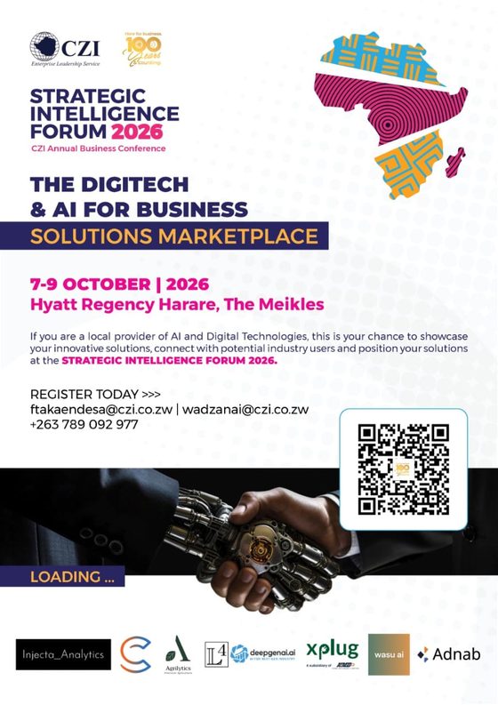 Event flyer: CZI Strategic Intelligence Forum 2026, CZI Annual Business Conference. The Digitech and AI for Business Solutions Marketplace, 7 to 9 October 2026, Hyatt Regency Harare, The Meikles.